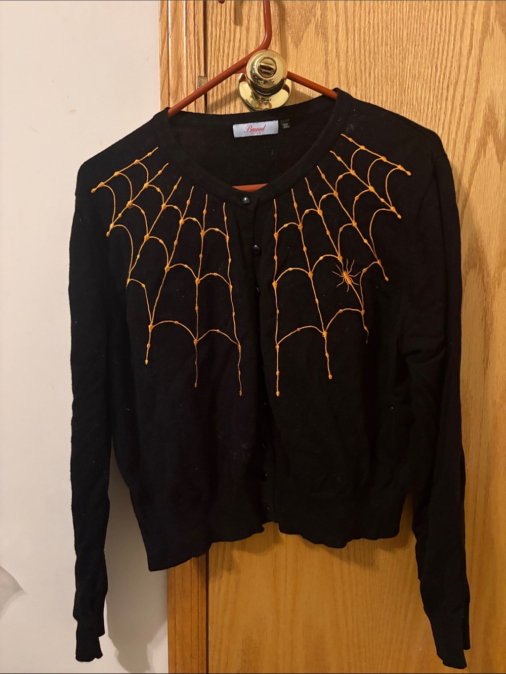 Black Cardigan with Orange Spiderweb Embroidery